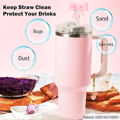Pink Bow for Stanley Straw Topper- 3pcs Cute Cup Bow Straw Cover Silicone Cap 10mm with 2pcs Initial Letter Charms Name Id Personalized Accessories 40/30 Oz Tumbler Water Bottle Cups L