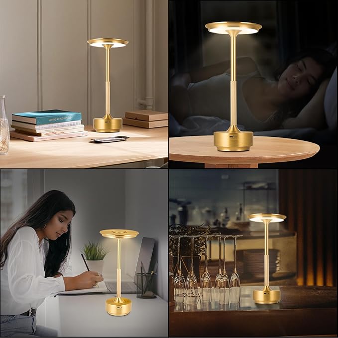 Rechargeable Cordless LED Table Lamps Touch Sensor Light, 3-Levels Portable Dimming Wireless Battery Operated Lamp，Nightstand Lamp/Night Light/Restaurant Table/Outdoor/Coffee/Bar (Gold)