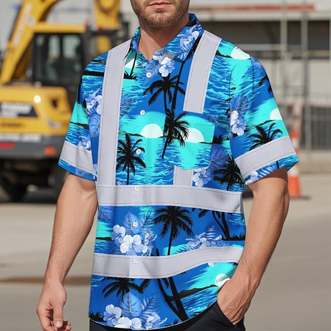 High Visibility Hawaiian Shirt for Men Tropical Shirts Custom Name Floral Outfit Reflective Safety Workwear