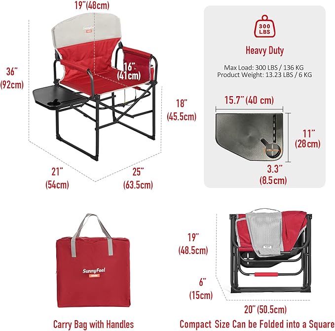 SUNNYFEEL Heated Camping Directors Chair, Heavy Duty,Oversized Portable Folding Chair with Side Table, Pocket for Beach, Fishing,Trip,Picnic,Lawn,Concert Outdoor Foldable Camp Chairs