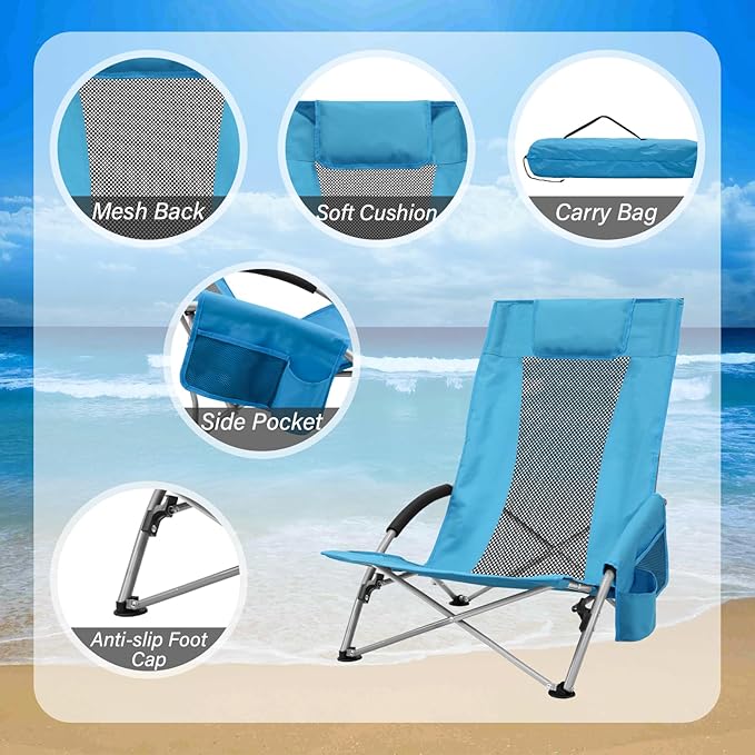 PLKO High Back Beach Chair,Protable Reclining Beach Chair,Beach Chairs for Adults 2pack with Carry Bag,Cup Holder and Padded Armrest for Beach, Travel, Picnic, Festival(Blue)