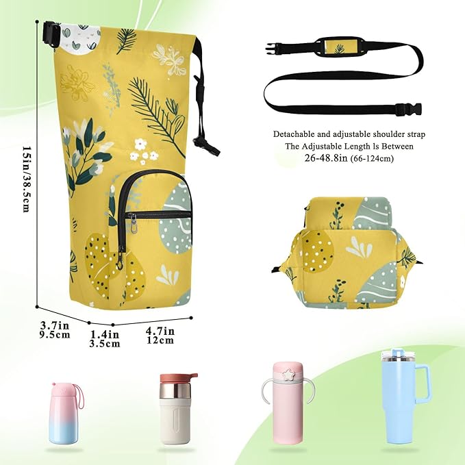 Yellow Easter Eggs Tree Branches Easter Water Bottle Holder with Strap Insulated Water Bottle Carrier Crossbody Bags Pouch with Phone Pocket for Travel Gym Hiking Walking Running