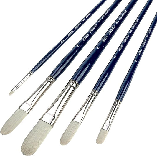Silver Brush Limited BR-1953 Bristlon Long Handle Filbert & Long Filbert Brushes with Stiff White Synthetic Tips, 5pc Professional Painting Set for Acrylic, Oils, Gouache, Watercolor, and All Media