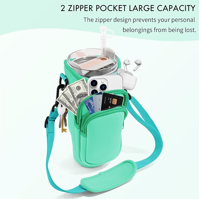 Water Bottle Carrier Bag with Phone Pocket for Stanley Cup 40/30 oz, Water Bottle Holder with Adjustable Strap& Straw Cover, Stanley Cup Accessories
