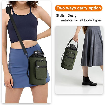 32/40/64/128 oz Neoprene Insulated Water Bottle Carrier Bag, Sling Bag Sleeve Pouch Holder with Strap & Paracord Handle and 2 Pocket for Travelling, Hiking, Camping