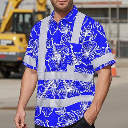 High Visibility Hawaiian Shirt for Men Tropical Shirts Custom Name Floral Outfit Reflective Safety Workwear