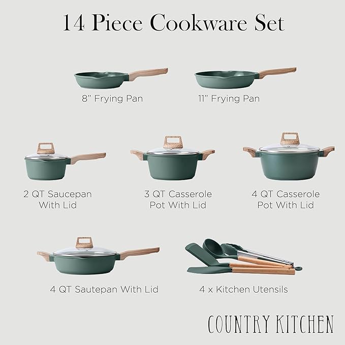 Country Kitchen Pots and Pans Set Nonstick, Cast Aluminum Kitchen Cookware Set with Utensils, 14 Pcs Non Stick Cooking Set w/Frying Pans & Saucepans, Sage