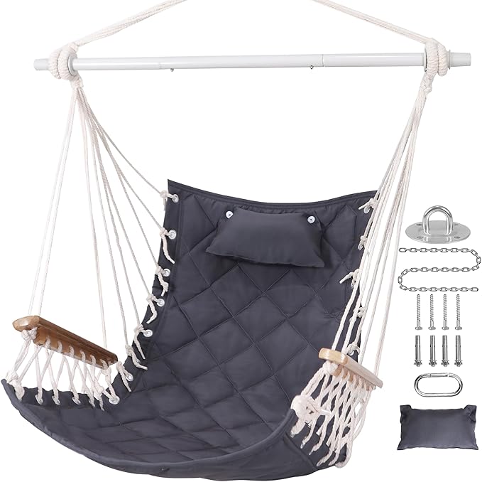 Hammock Chair Hanging Swing with Wooden Armrests;Steel Spreader Bar,Pillows,Hardware kit Included;Cotton Woven Fabric;Up to 350 Lbs,for Indoor or Outdoor