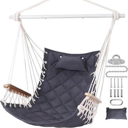 Hammock Chair Hanging Swing with Wooden Armrests;Steel Spreader Bar,Pillows,Hardware kit Included;Cotton Woven Fabric;Up to 350 Lbs,for Indoor or Outdoor