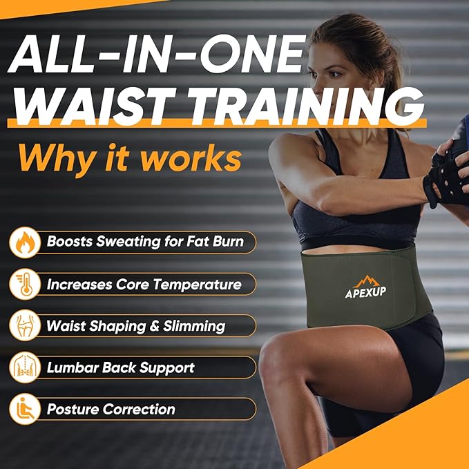 APEXUP Sweat Waist Trainer for Women and Men, Neoprene Waist Trimmer Belt Slimming Sweat Band with Removable Lumbar Support