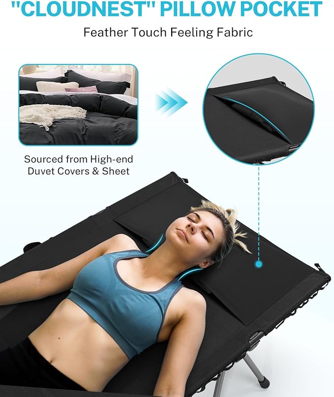 Gonex Camping Cot with Leg Extenders 2 in 1 Portable Ultralight Folding Cot for Adults Adjustable Height Supports 350lbs Sleeping Bed for Backpacking Travel Beach Home 74.8"x27.5"(Black, 1 PCS)