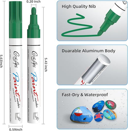 Green Permanent Markers Paint Pens, 2 Pack Oil Based Opaque Paint Markers for Metal,Canvas,Wood,Rock Painting, Ceramic, Glass, Fabric Art Supplier (Green,2 Pack)