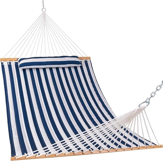 Lazy Daze Hammocks 12FT Quilted Fabric Double Hammock with Spreader Bars and Detachable Pillow, 2 Person, 450lbs Capacity, Blue White