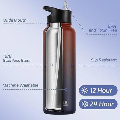 HASLE OUTFITTERS 40oz Stainless Steel Water Bottle, Vacuum Insulated Double Walled Leak Proof Sports Water Bottle with 2 Lids (Straw and Spout Lid) Thermo Mug Keep Cold and Hot(Ruby Purple Gradient,1)