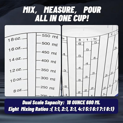 15 PACK Paint Mixing Cups by KEHE REFINISH,18 oz (550ml),Disposable or Reusable Plastic Measuring Cups with Lids for Liquids, Paints, Resin, Epoxy, Art,Ratios 1:1,2:1, 3:1, 4:1,5:1,6:1,7:1,8:1