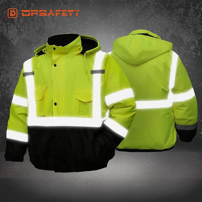 Safety jacket for men,Reflective high Visibility Hooded jacket,Hi-Vis Bomber Jacket with Pockets and Zipper,Waterproof,Black Bottom,ANSI/ISEA 107-2020 Type R Class 3,Lime