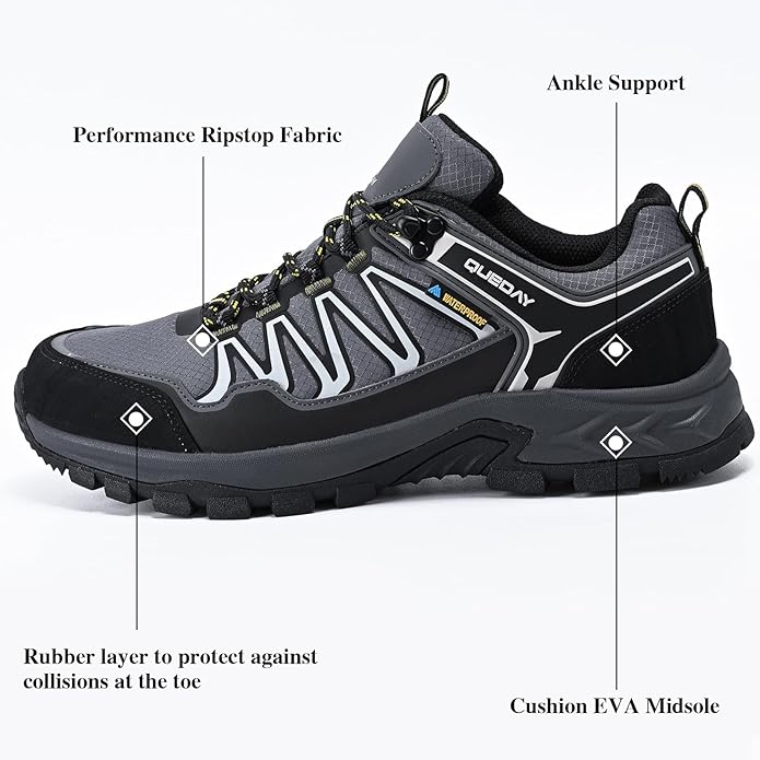 Queday Mens Waterproof Hiking Shoes Lightweight Outdoor Walking Shoes Breathable Hike Trekking Trails Camping Climbing