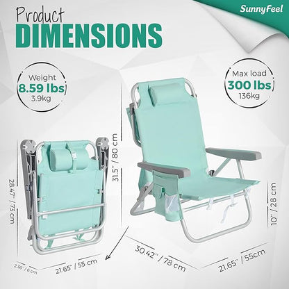 SUNNYFEEL Low Beach Chairs for Adults 5 Position Lay Flat, Portable Folding Backpack Beach Chair Heavy Duty with Cooler Bag, Cup Holder for Outdoor/Lawn/Picnic/Sand, Foldable Camping Chair