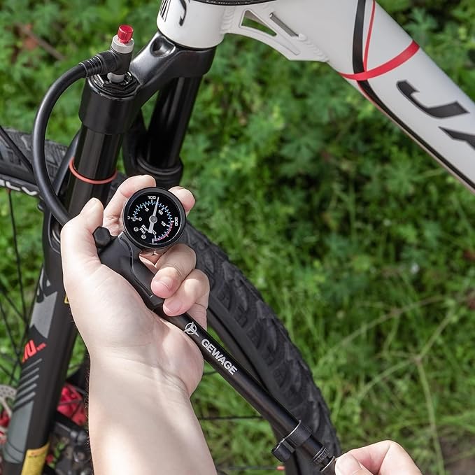 Shock Pump for Mountain, Road Bikes and Motorcycle - 300 Psi High Pressure for Front Fork and Rear Suspension Air Shocks Pump with Gauge -Portable Mini Pump with Air Bleed Button