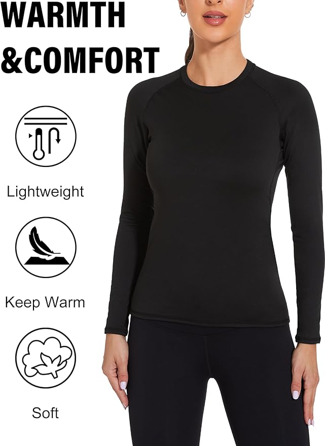 Womens Thermal Compression Long Sleeve Shirts Fleece Lined Tops Crew Neck Slim Fit Base Layer Ladies Underwear