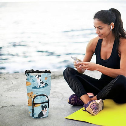 Blue Summer Dogs on Surfboards Water Bottle Holder with Strap Insulated Water Bottle Carrier Crossbody Bags Pouch with Phone Pocket for Travel Gym Hiking Walking Running