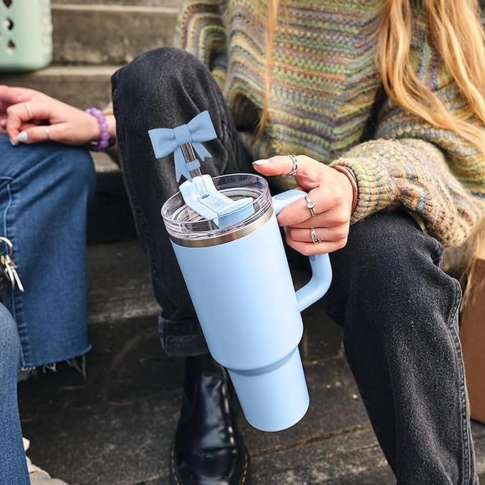 4Pcs Silicone Straw Toppers Covers for Stanley Cups 40/30oz 10mm(0.4in) Dust-Proof Bow Straw Covers Toppers Suitbale for Stanley Cup Accessories Reusable Straws Caps (Mist Blue)