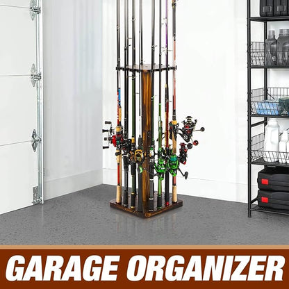 Ghosthorn Fishing Rod Holders for Garage 360 Degree Rotating Fishing Pole Rack, Floor Stand Holds up to 16 Rods Wood Fishing Gear Equipment Storage Organizer, Fishing Gifts for Men Women