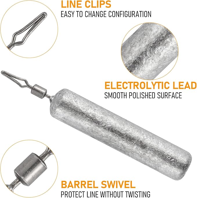 Dr.Fish 50 Pack Fishing Drop Shot Weights Lead Fishing Weights Pencil Skinny Sinkers with Barrel Swivels for Freshwater Bass Fishing