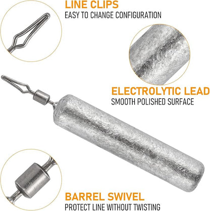 Dr.Fish 50 Pack Fishing Drop Shot Weights Lead Fishing Weights Pencil Skinny Sinkers with Barrel Swivels for Freshwater Bass Fishing