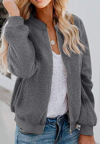 MIROL Women's Fall Trendy Fleece Jacket Faux Sherpa Fuzzy Casual Long Sleeve Zip Up Loose Fit Bomber Winter Coat