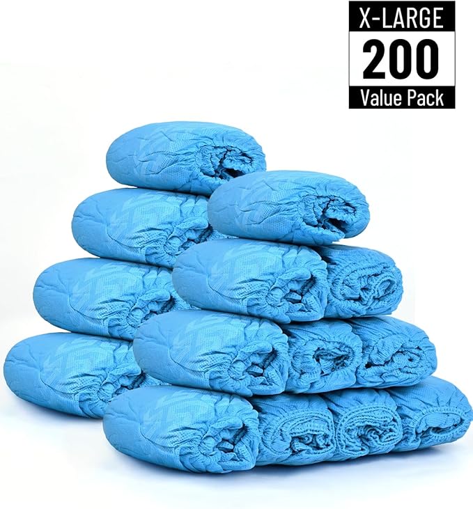 X-Large 200 Count Shoe Covers Disposable Non-Slip, Premium Cloth Boot Covers, Slip-resistant, Durable, Breathable, Non-toxic, Recyclable, Stretchable Fits Up to Size 13 US Men - Blue