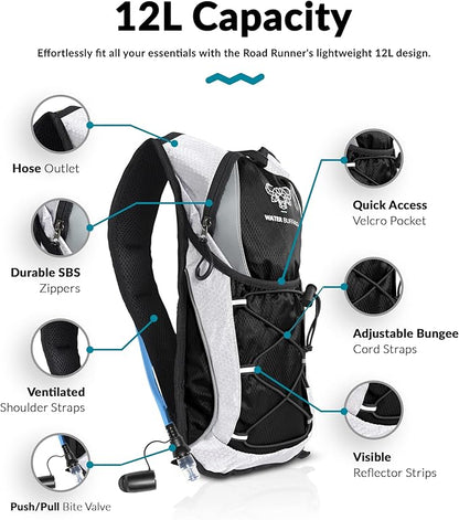 Water Buffalo Hydration Backpack - Lightweight Hydration Pack with 2L Water Bladder - Water Backpack for Hiking, Running, Biking, and Raves - Road Runner 12L Hydropack Backpack