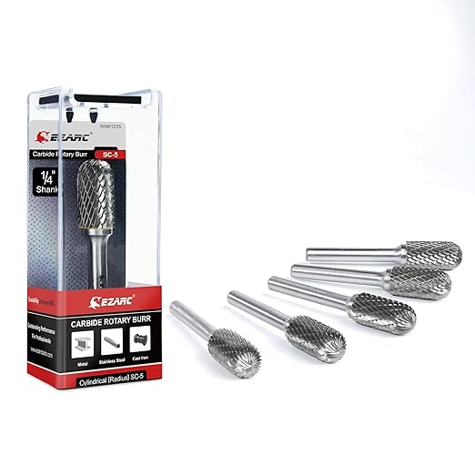 EZARC 5PCS Tungsten Carbide Rotary Burr Set, SC-5 Double Cut Carbide Burr 1/4" Shank Die Grinder Bits for Metal Working & Sturdy Storage Case
