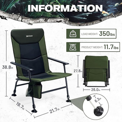 X Strike Oversized Folding Fishing Chair with Rod Holder Heavy Duty 350LBS, Feet Adjustable Padded Camping Chair with Cup Holder Side Pocket Hard Armrest