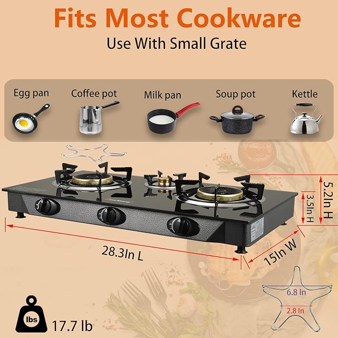 Propane Stove 3 Burner Gas Stove, 34000 BTU High-Efficiency Auto Ignition Tempered Glass LPG Cooktop with CSA Regulator and Hose – for Outdoor Camping, RV, and Emergency Cooking