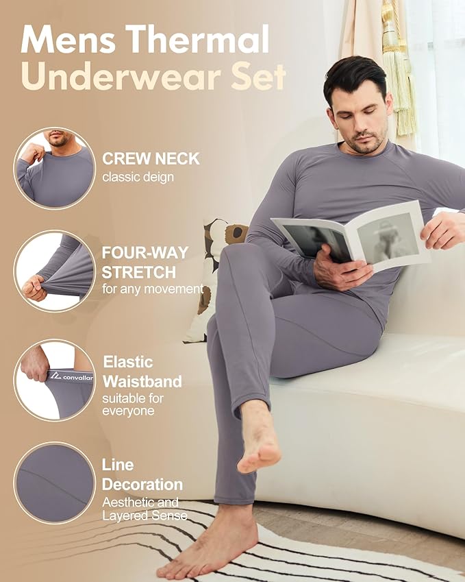 CL convallaria Thermal Underwear for Men Long Johns Fleece Lined Hunting Gear Set Base Layer for Cold Weather XS-4XL