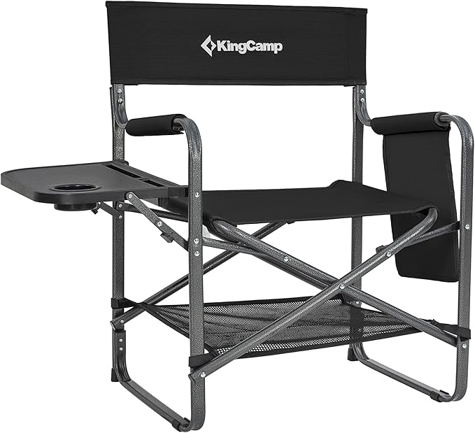 KingCamp Directors Chair with Side Table, Folding Camping Chairs for Adults with Storage Pockets, Breathable for Outside Camping, Lawn, Picnic, Beach & Fishing (Black)