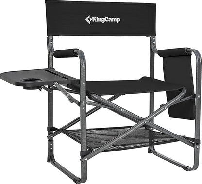 KingCamp Directors Chair with Side Table, Folding Camping Chairs for Adults with Storage Pockets, Breathable for Outside Camping, Lawn, Picnic, Beach & Fishing (Black)