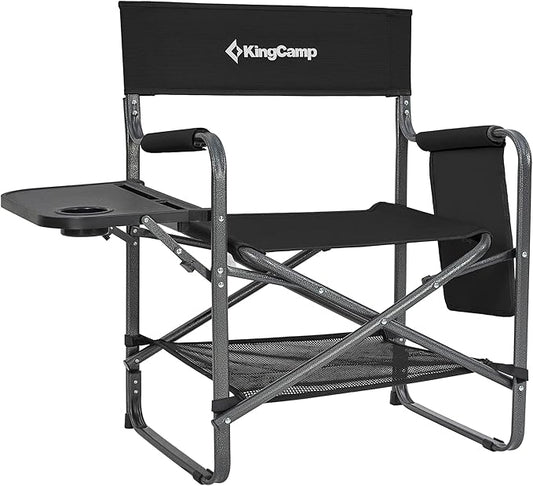 KingCamp Directors Chair with Side Table, Folding Camping Chairs for Adults with Storage Pockets, Breathable for Outside Camping, Lawn, Picnic, Beach & Fishing (Black)