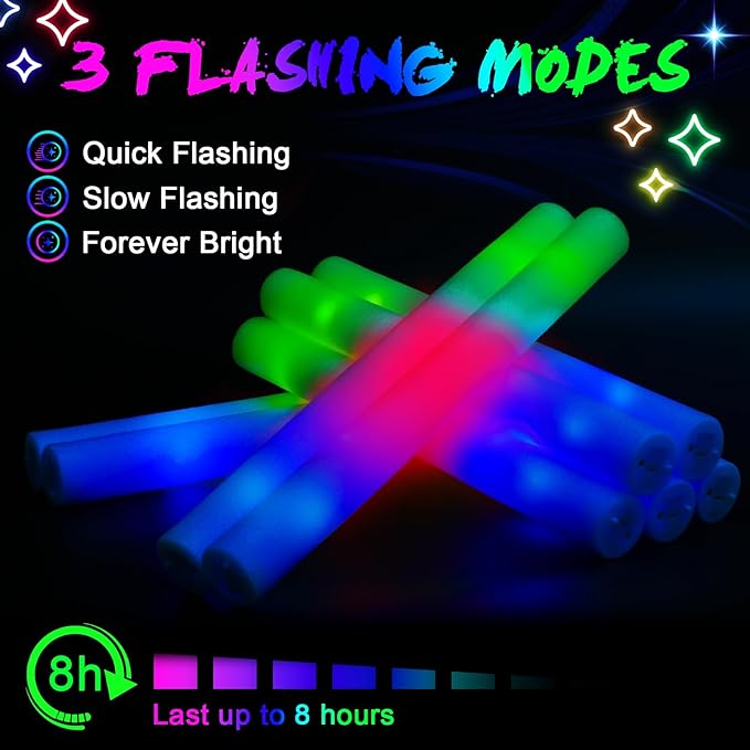 64 Pack Foam Glow Sticks, Bulk LED Foam Sticks, Foam Light Up Sticks with 3 Mode Colorful Flashing, Glow Party Supplies, Glow Sticks Bulk Party Pack for Wedding, Birthday, Concert, Halloween