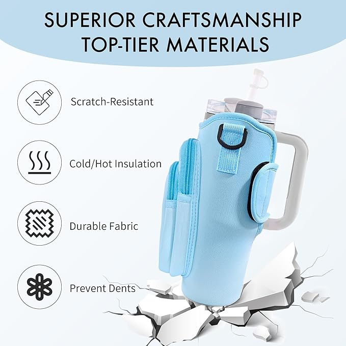 Water Bottle Carrier Bag with Phone Pocket for Stanley Cup 40/30 oz, Water Bottle Holder with Adjustable Strap& Straw Cover, Stanley Cup Accessories