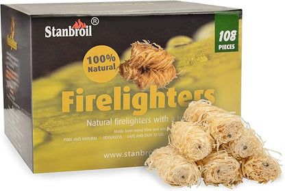 Stanbroil 108 pcs Fire Starters, Natural Charcoal Fire Starters Super Fast Lighting Perfect for Barbecue Grills, Smokers, Wood Stove, Campfires and Outdoor Fireplaces
