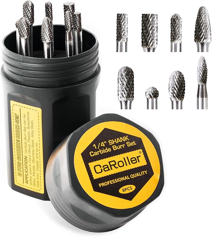 Carbide Burr Set, 1/4" Shank 8PC Double Cut Die Grinder Rotary Tool Cutting Burrs Set for Metal and Wood Working Carving, Engraving, Polishing, Grinding with Portable Round Storage Case