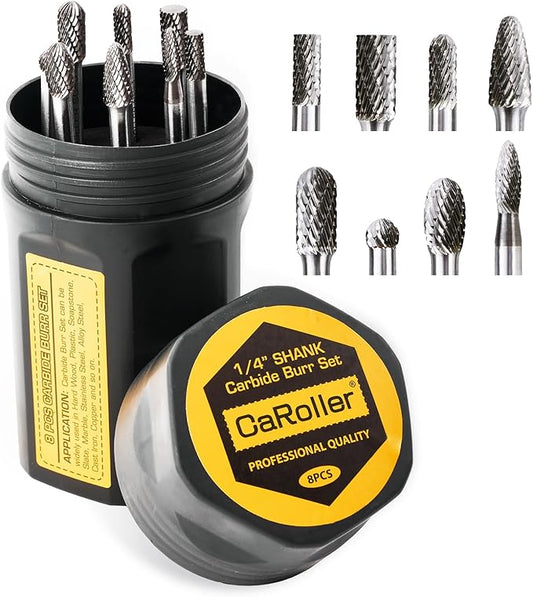 Carbide Burr Set, 1/4" Shank 8PC Double Cut Die Grinder Rotary Tool Cutting Burrs Set for Metal and Wood Working Carving, Engraving, Polishing, Grinding with Portable Round Storage Case