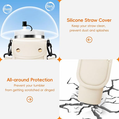 Water Bottle Carrier Bag with Phone Pocket for Stanley 40/30 oz Tumbler Neoprene Insulated Mug Sleeve Pouch with 2 Pockets & Adjustable Strap & Straw Cover for Stanley Cup Accessories