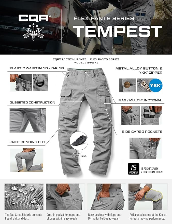 CQR Men's Flex Stretch Tactical Pants, Water Resistant Ripstop Cargo Pants, Lightweight EDC Outdoor Work Hiking Pants