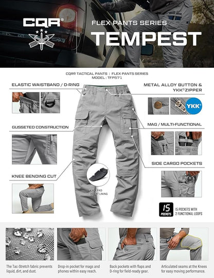 CQR Men's Flex Stretch Tactical Pants, Water Resistant Ripstop Cargo Pants, Lightweight EDC Outdoor Work Hiking Pants