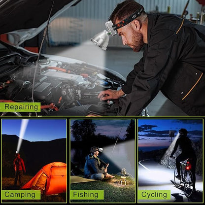 Rechargeable LED Headlamp with Flood and Spot Beam, Power Display, 5 Lighting Modes, Yellow/Blue Filter Lens, High Lumen Outdoor Waterproof Head Torch for Fishing, Hunting, Hiking, Outdoor