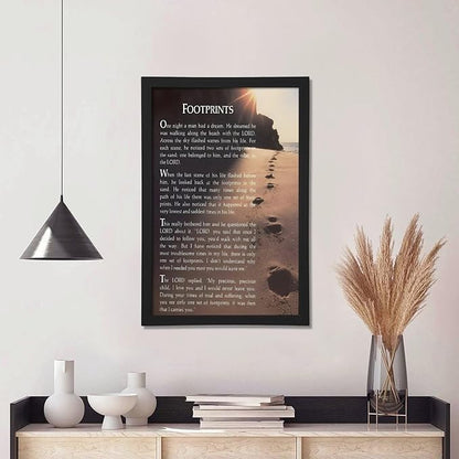 Footprints in the Sand Religious Canvas Wall Art Posters, Inspirational Beach Sunset Poem Print Poster (Black Framed 24x36inch, Footprints(7))