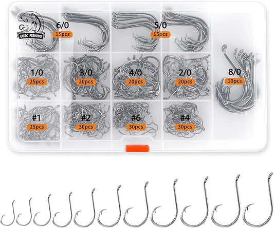 UCEC Circle Hooks Fishing Hooks 2X Strong Offset Circle Hooks Saltwater Black High Carbon Steel Octopus Catfish Fishing Hooks Fishing Gear Tackle 150pcs/ 240pcs - Size:#1 1/0 2/0 3/0 4/0 5/0 6/0 8/0
